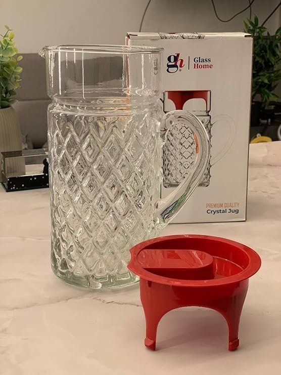 ابريق مياه زجاجي بنمط ماسي مع غطاء احمر، سعة 1.5 لتر