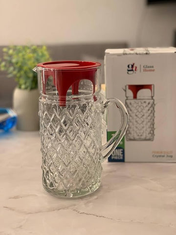 ابريق مياه زجاجي بنمط ماسي مع غطاء احمر، سعة 1.5 لتر